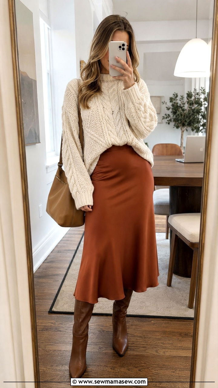 Chunky Knit Sweater With Satin Midi Skirt Work - 30 Satin midi skirt outfit ideas for work