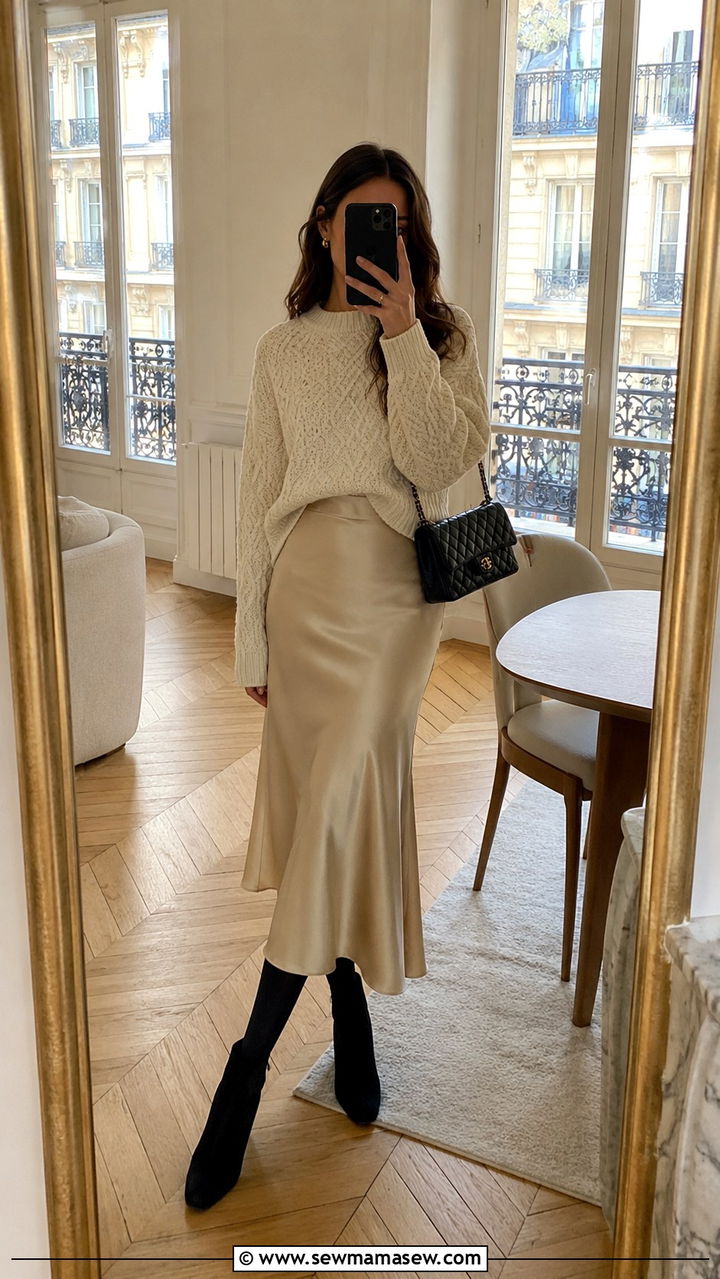 Chunky Knit Sweater With Satin Skirt And Ankle Boots - 30 Paris outfits inspo