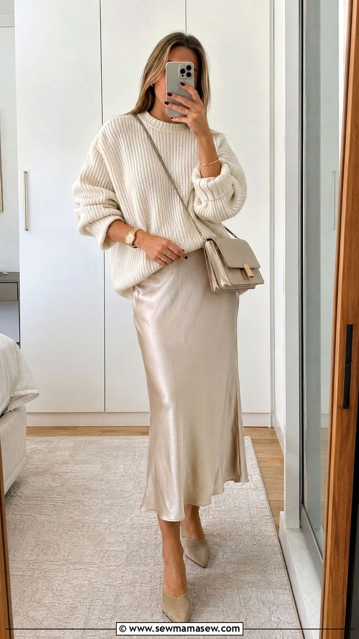 Chunky Knit Sweater With Satin Slip Skirt - 30 Early spring outfits