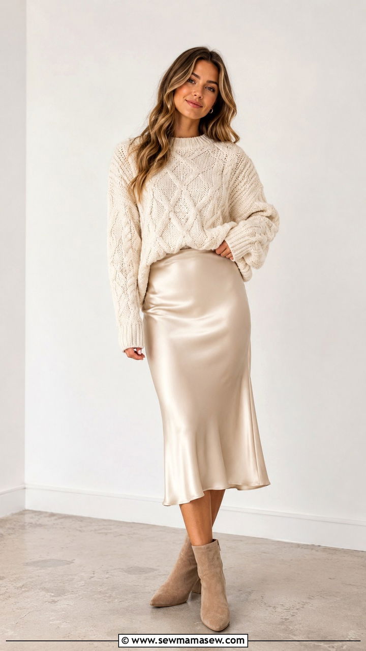 Chunky Knit Sweater With Satin Slip Skirt And Ankle Boots - 30 transitional outfits inspo