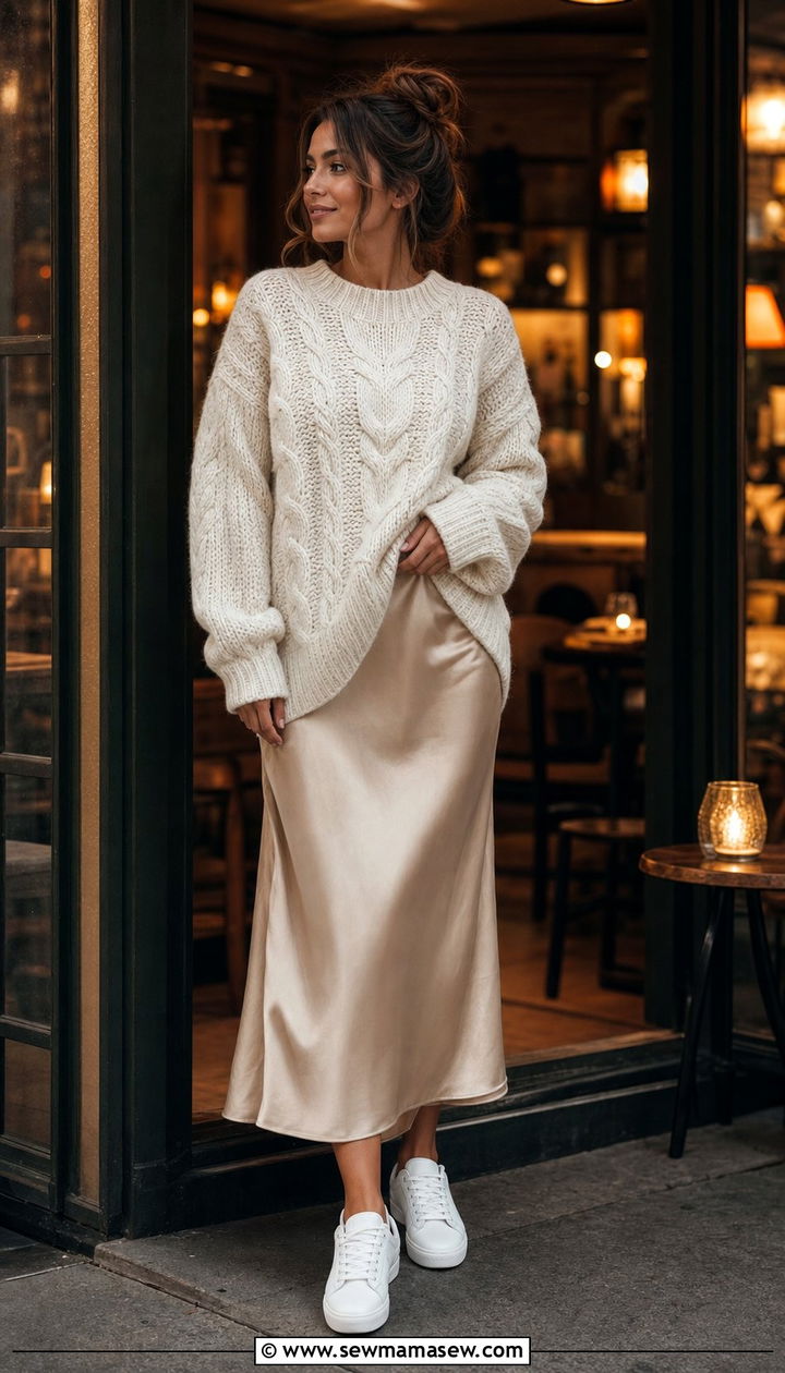 Chunky Knit Sweater With Satin Slip Skirt And Sneakers - 35 April outfit ideas
