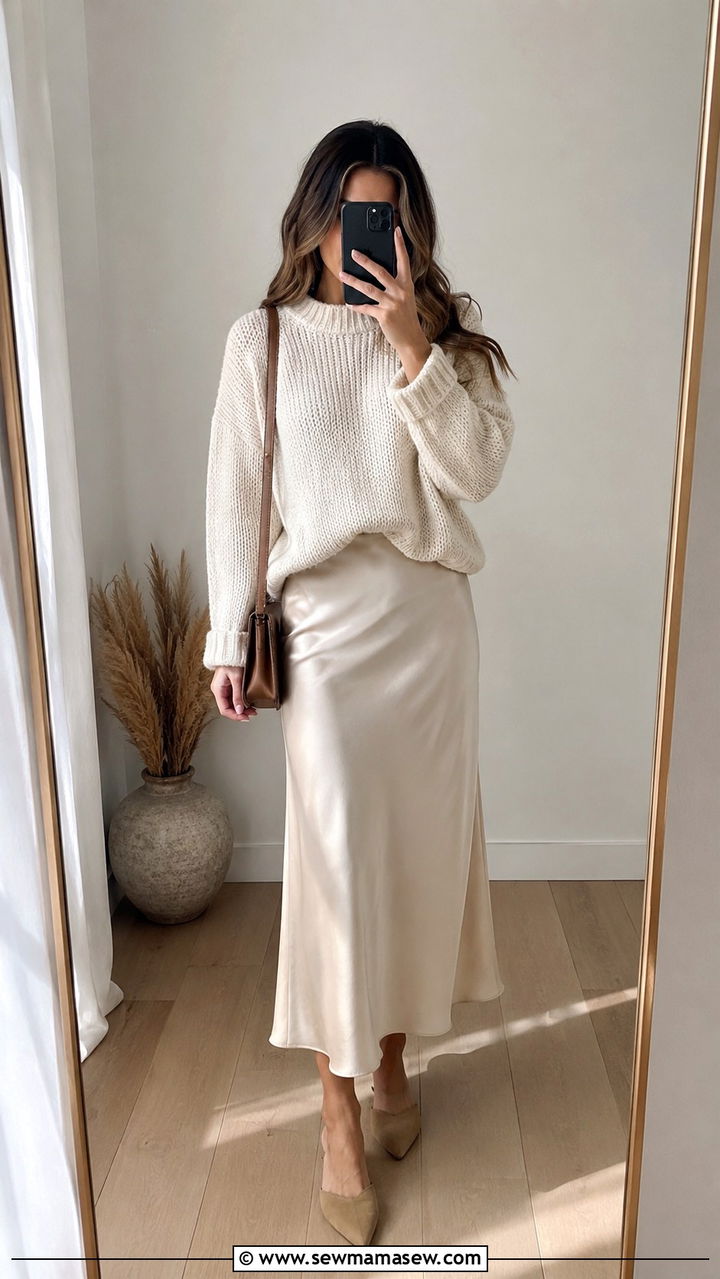 Chunky Knit Sweater With Satin Slip Skirt - 30 Minimalist spring capsule wardrobe