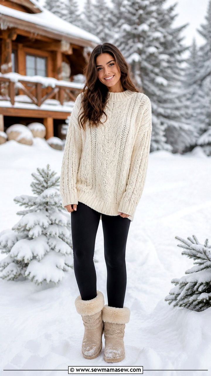 Chunky Knit Sweater With Sherpa Lined Boots - 40 Road trip outfit ideas