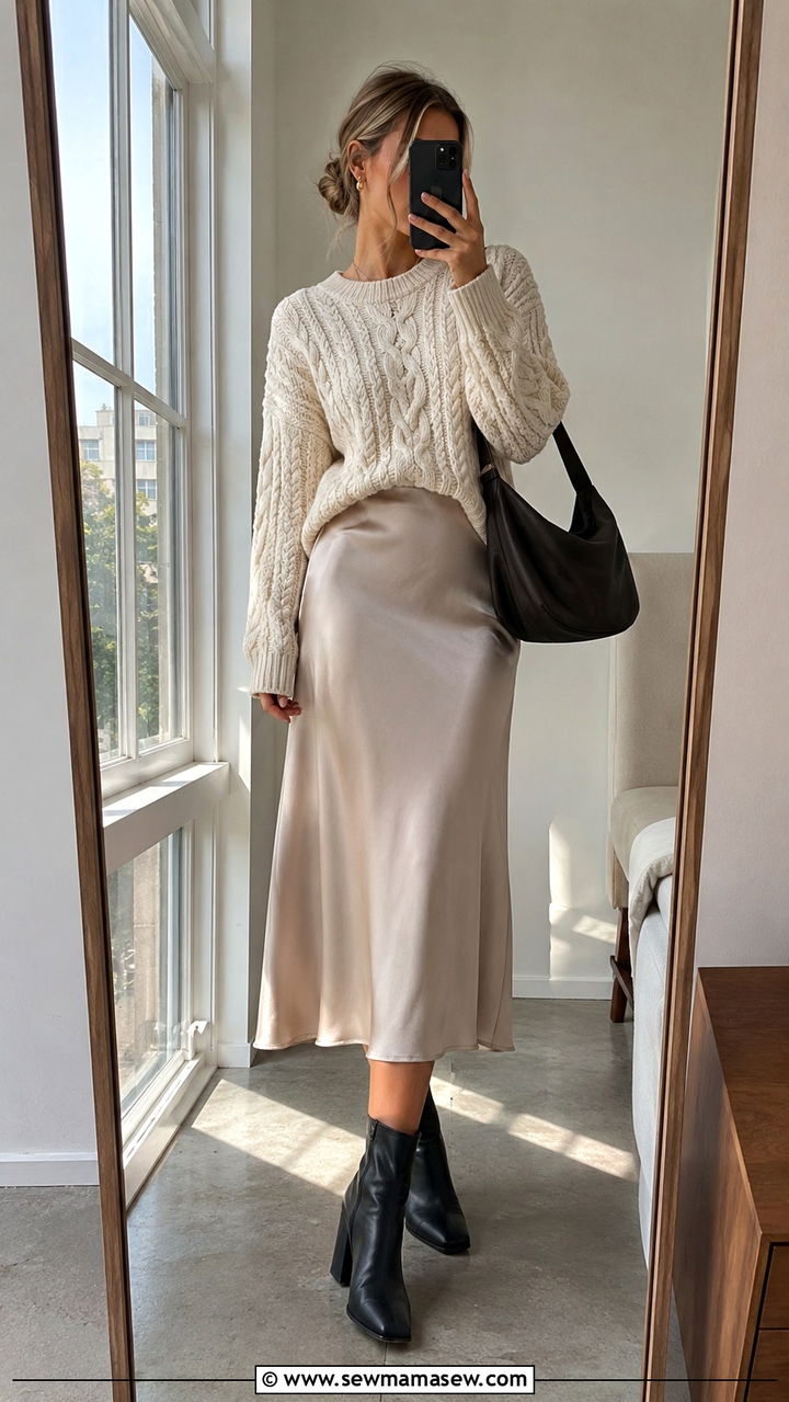 Chunky Knit Sweater With Slip Skirt And Ankle Boots - 25 transitional travel outfit ideas