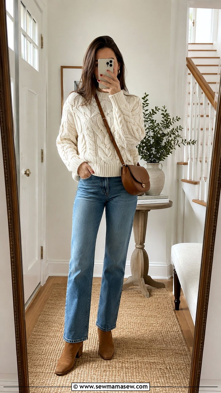 Chunky Knit Sweater With Straight Leg Jeans Outfit - 30 casual quiet luxury outfits