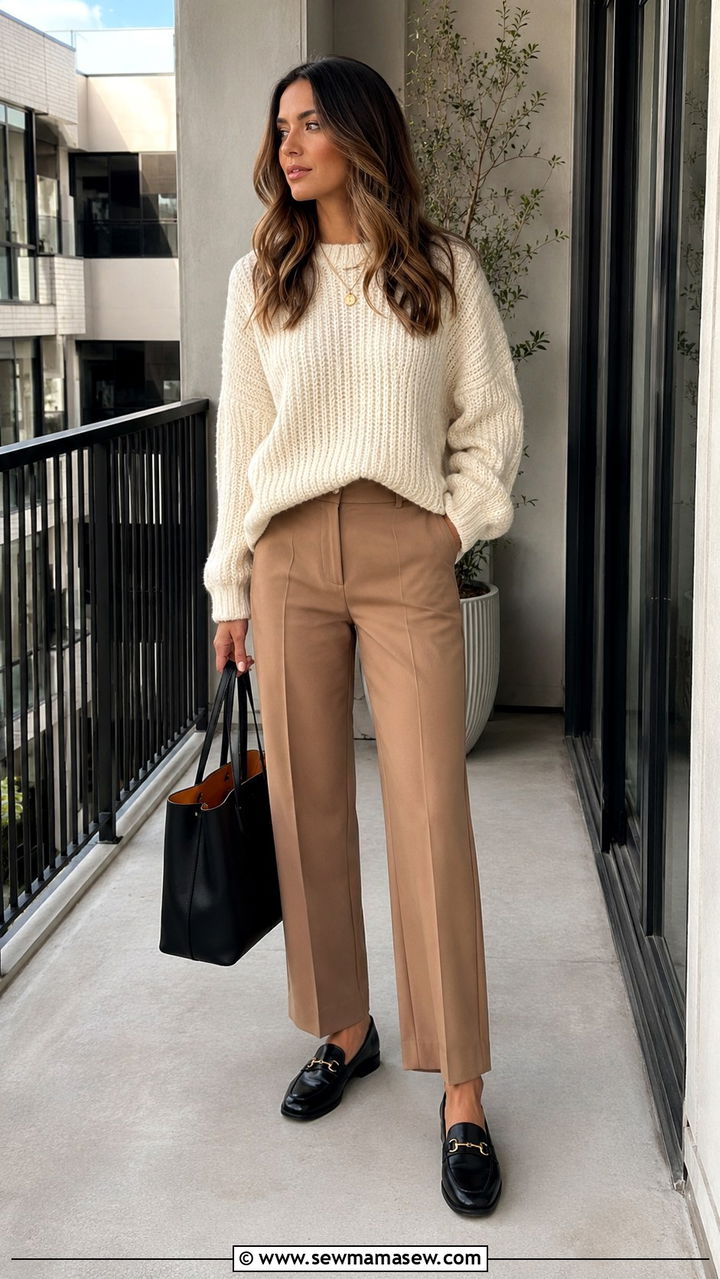 Chunky Knit Sweater With Tailored Trousers And Loafers - 30 casual trendy outfits