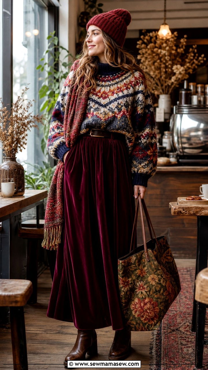 Chunky Knit Sweater With Velvet Maxi Skirt Maximalist Outfit - 20 cute maximalist outfits