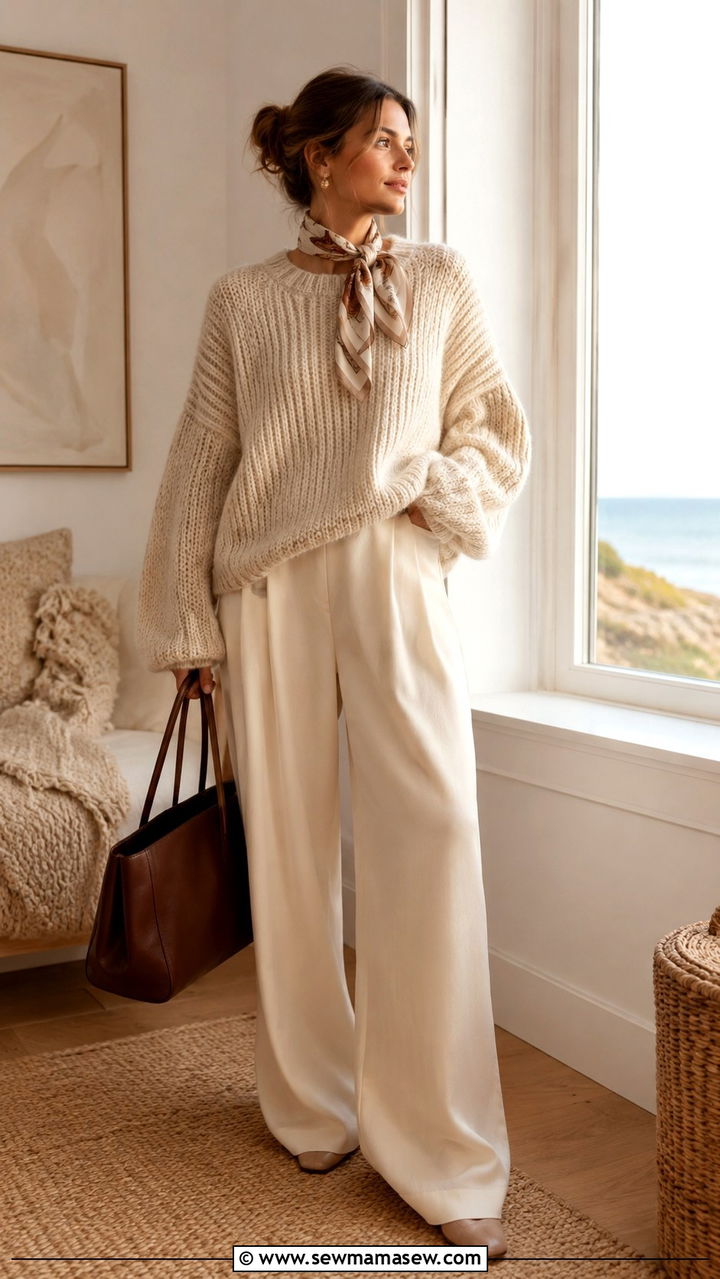 Chunky Knit Sweater With Wide Leg Cream Trousers - 20 coastal grandmother outfits aesthetic
