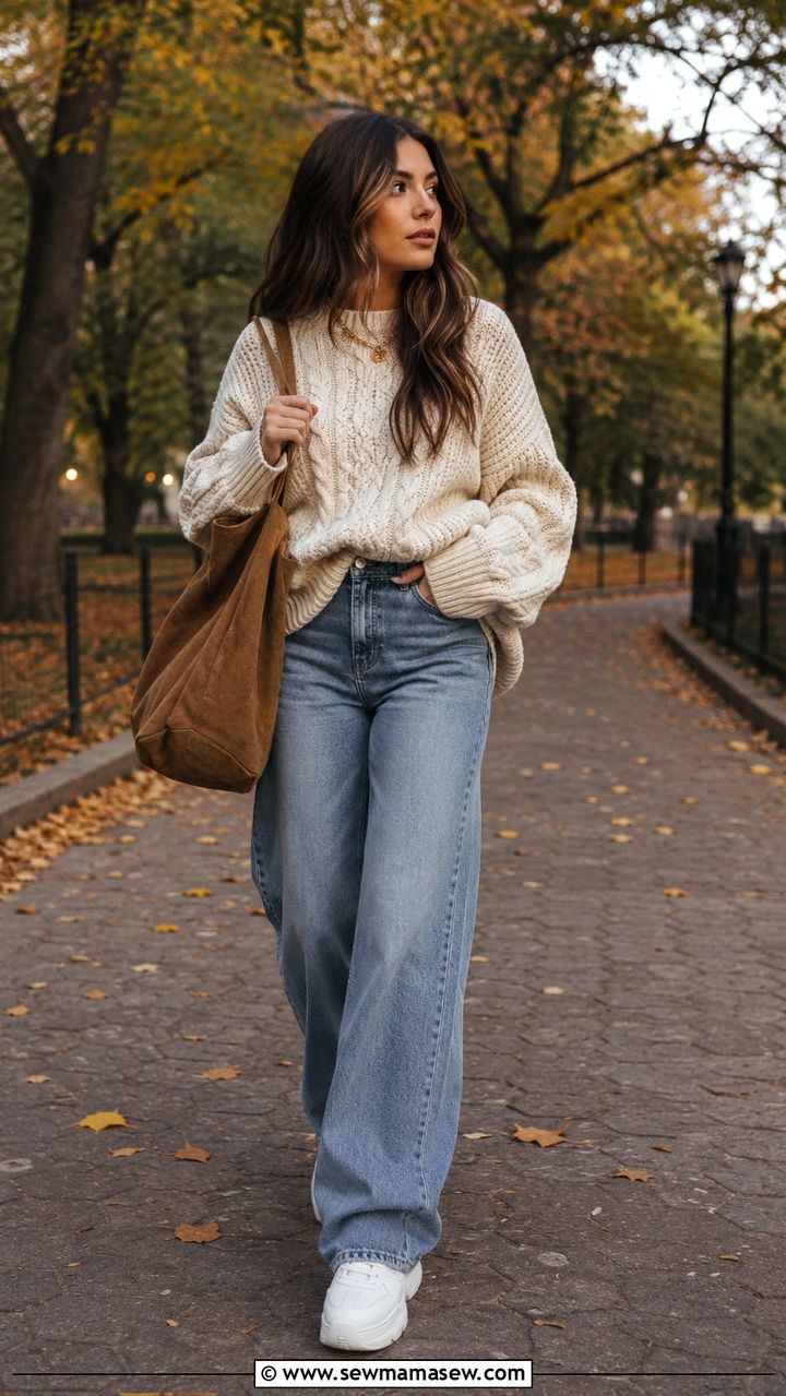 Chunky Knit Sweater With Wide Leg Jeans - 25 Wide leg pants outfit ideas with a sweater
