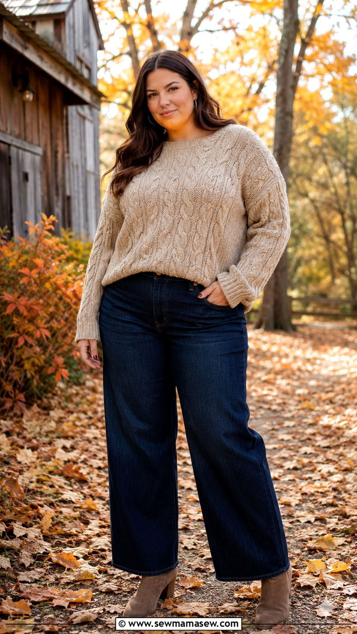 Chunky Knit Sweater With Wide Leg Jeans and Ankle Boots - 20 Plus size outfit ideas size 18