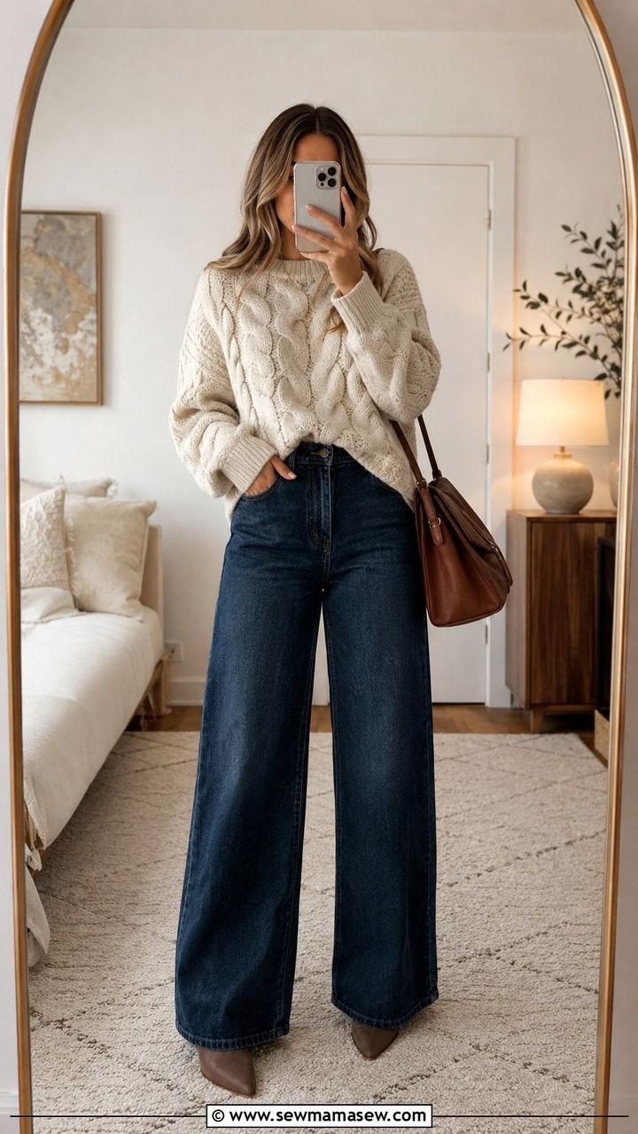 Chunky Knit Sweater With Wide Leg Jeans - 25 wide leg jeans outfits aesthetic