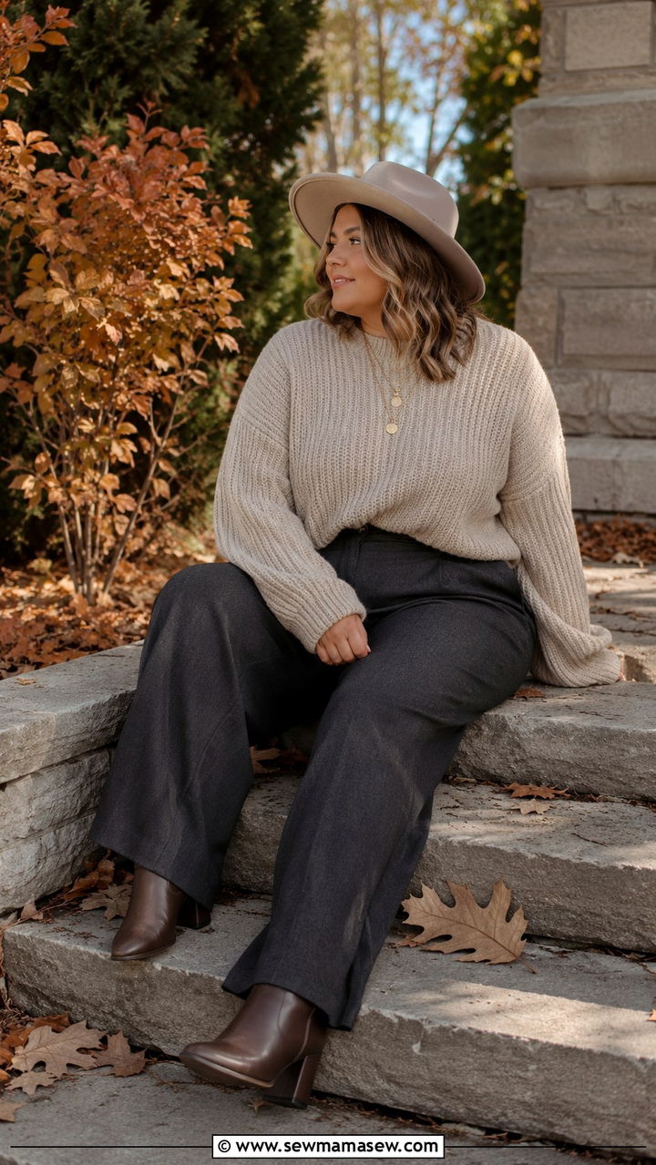 Chunky Knit Sweater With Wide Leg Pants Photoshoot - 25 Photoshoot outfits for pear shape