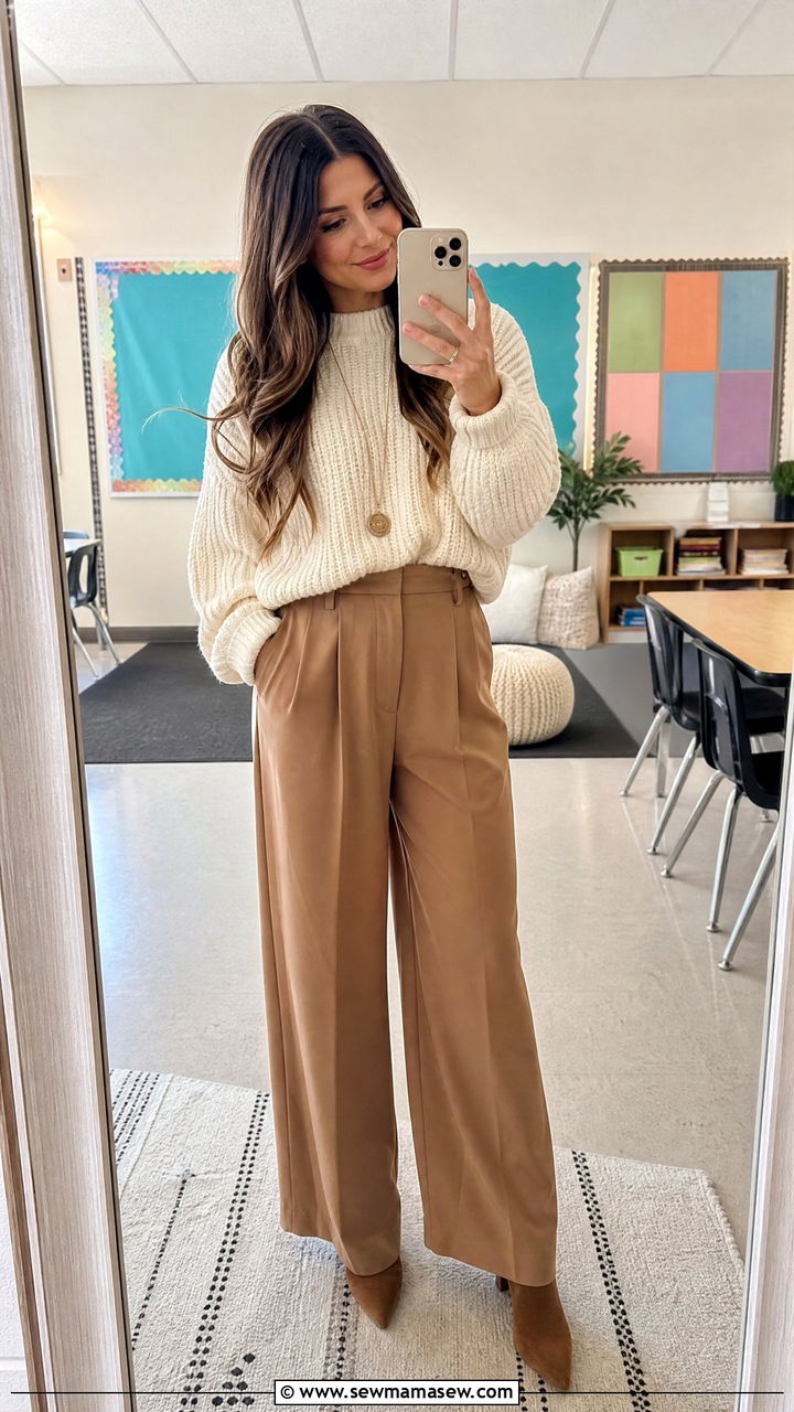 Chunky Knit Sweater With Wide Leg Trousers and Ankle Boots - 25 First year teacher outfit ideas