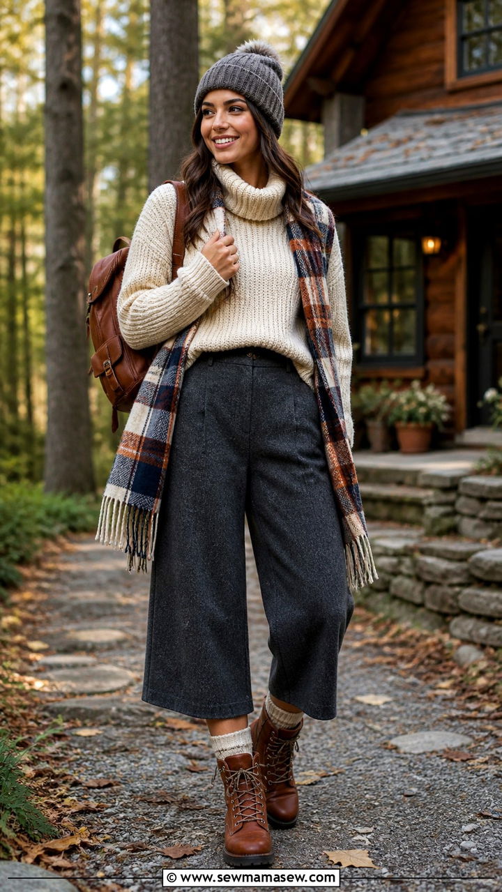 Chunky Knit Sweater With Wool Culottes and a Plaid Scarf - 40 casual vacation outfits