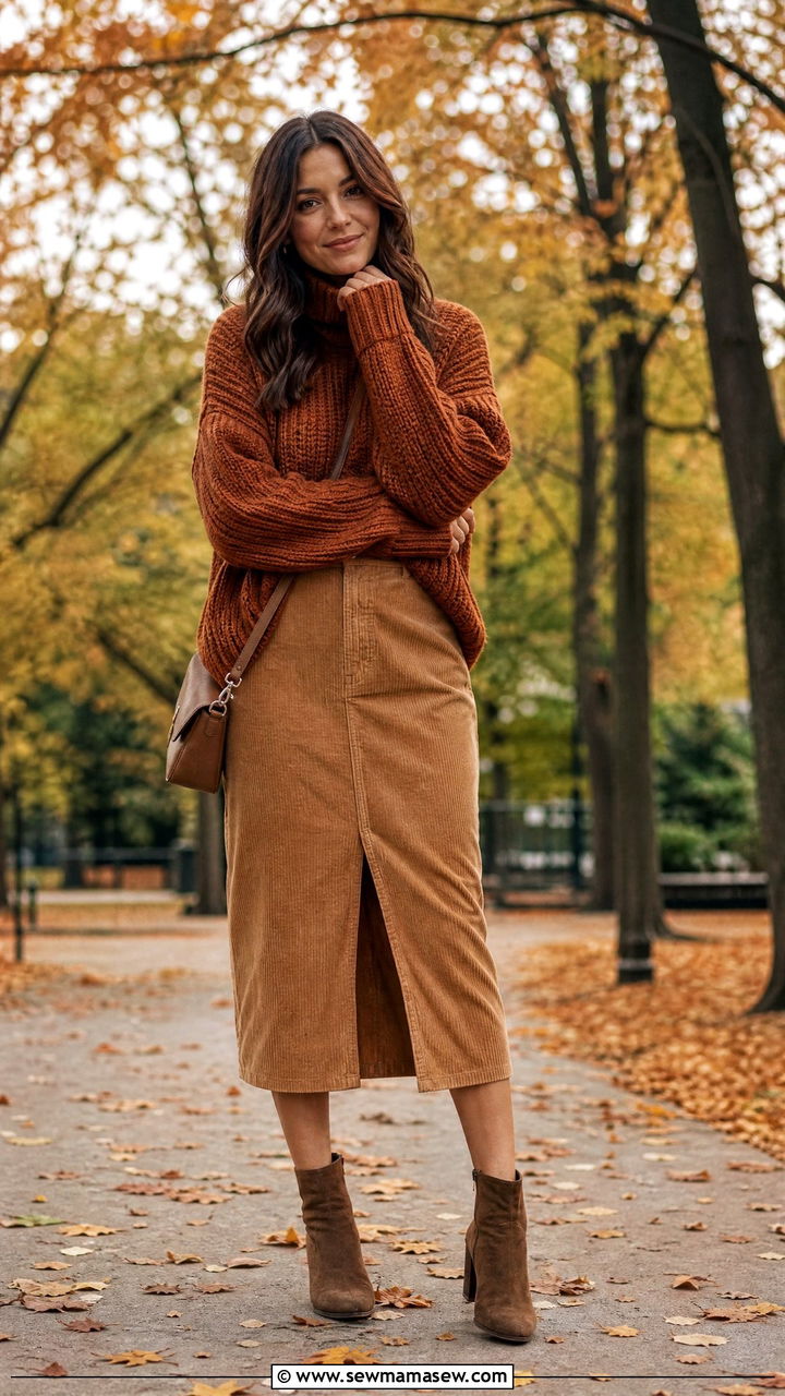 Chunky Knit Sweater With a Corduroy Midi Skirt and Ankle Boots - 30 Cool morning warm afternoon outfits