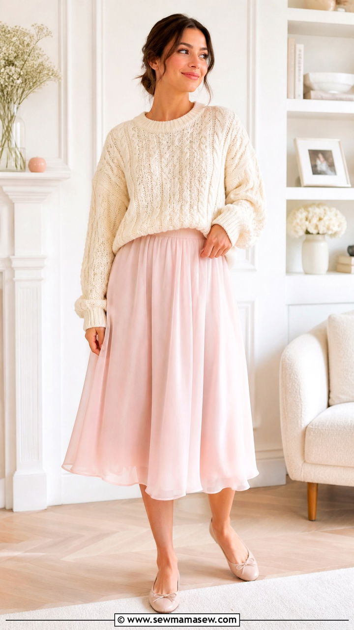Chunky Knit Sweater With a Flowy Midi Skirt Outfit - 40 Balletcore outfit ideas 2026