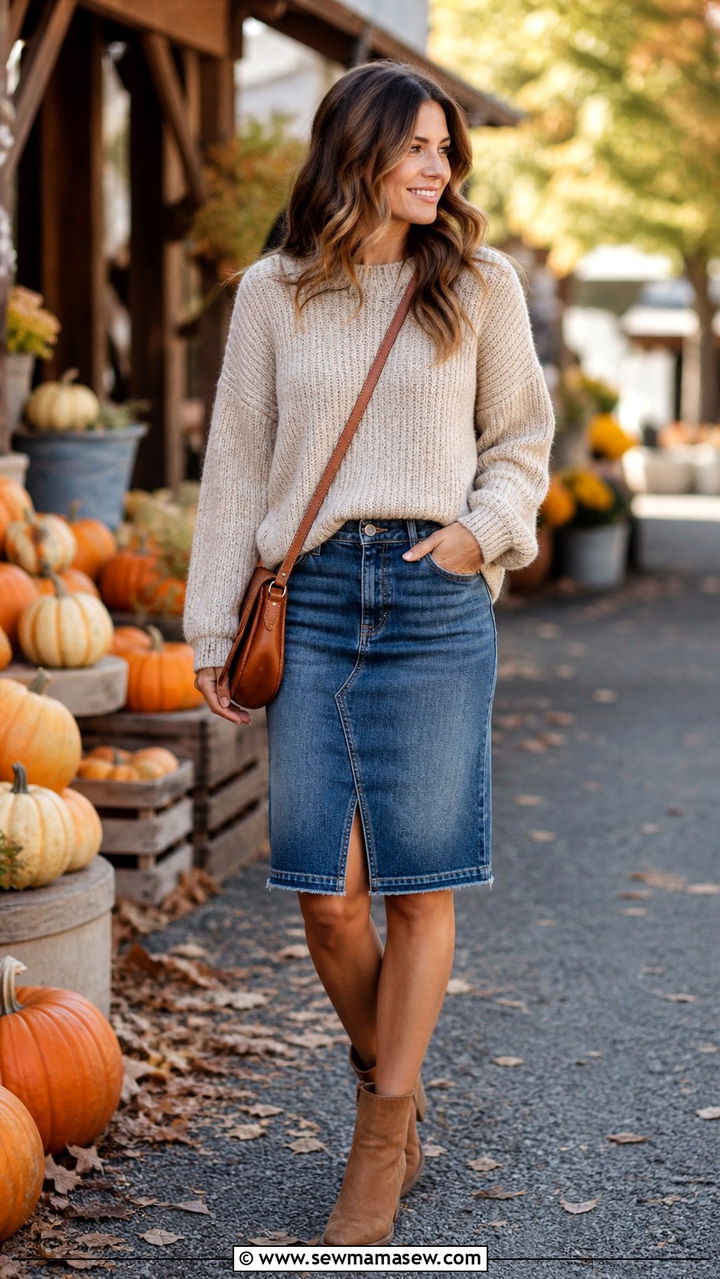 Chunky Knit Sweater and Ankle Boots with Denim Knee Length Skirt - 40 denim skirt outfits