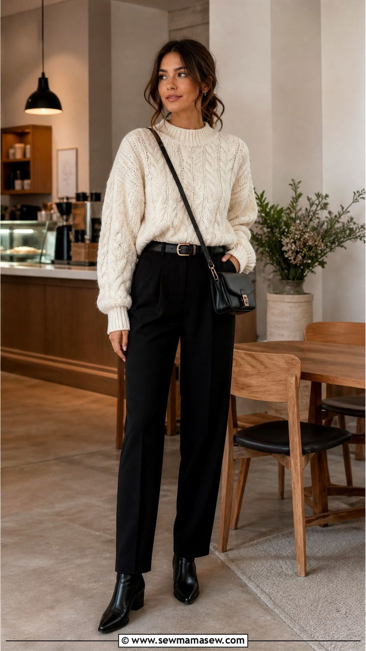 Chunky Knit Sweater and Black Trousers - 40 Minimalist outfit ideas