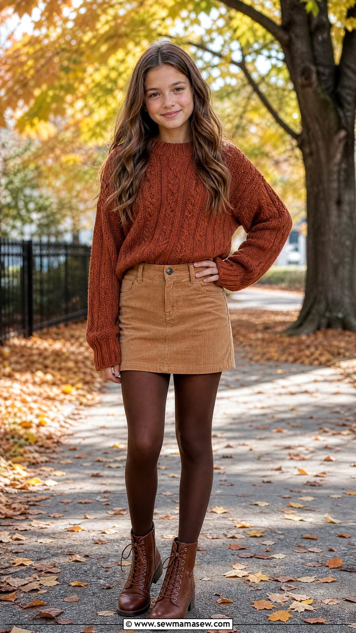 Chunky Knit Sweater and Cord Mini Skirt Outfit - 30 Tween outfit ideas aesthetic