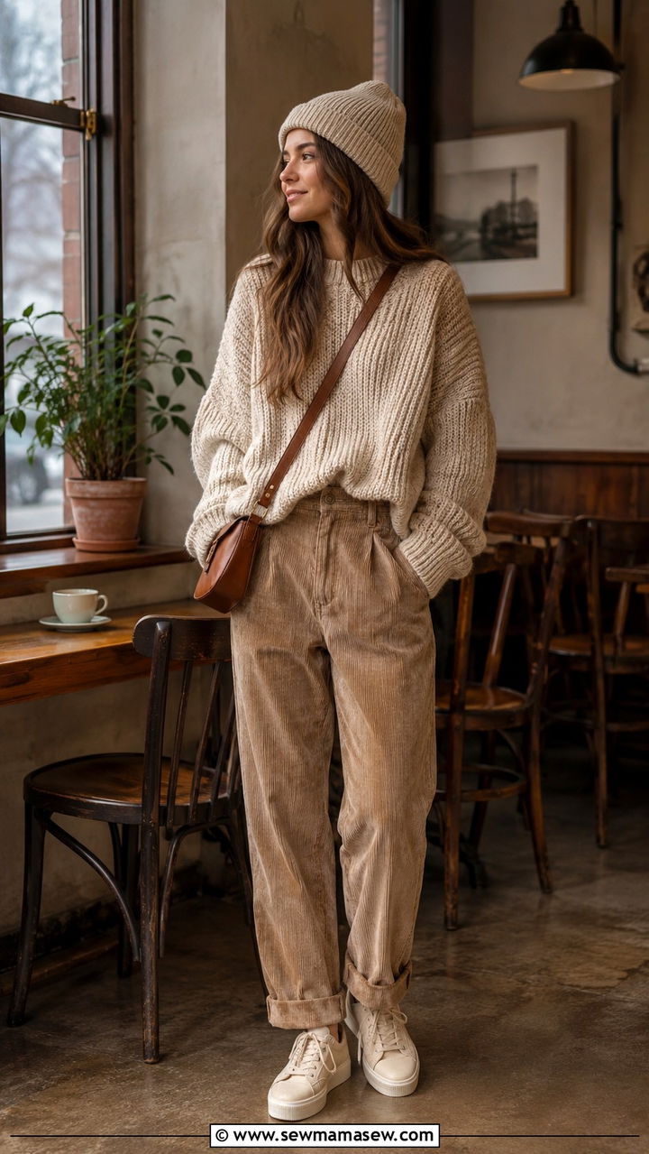 Chunky Knit Sweater and Corduroy Pants Travel Outfit - 25 Travel outfit ideas for teens