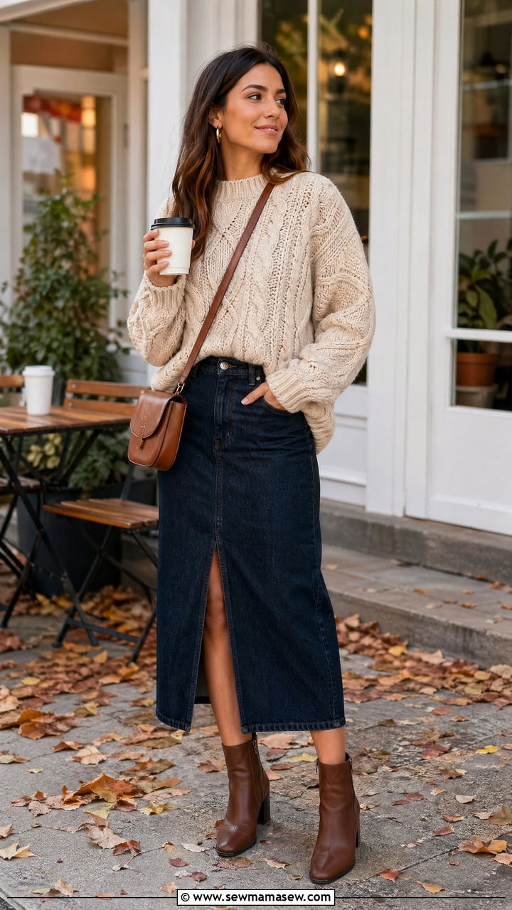Chunky Knit Sweater and Denim Skirt - 35 denim skirt outfit ideas for women