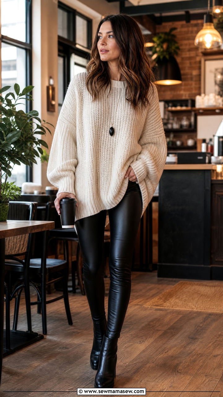 Chunky Knit Sweater and Faux Leather Leggings - 25 classy edgy outfit ideas