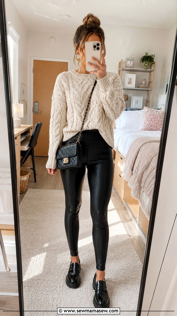 Chunky Knit Sweater and Faux Leather Leggings - 30 casual back to school outfits