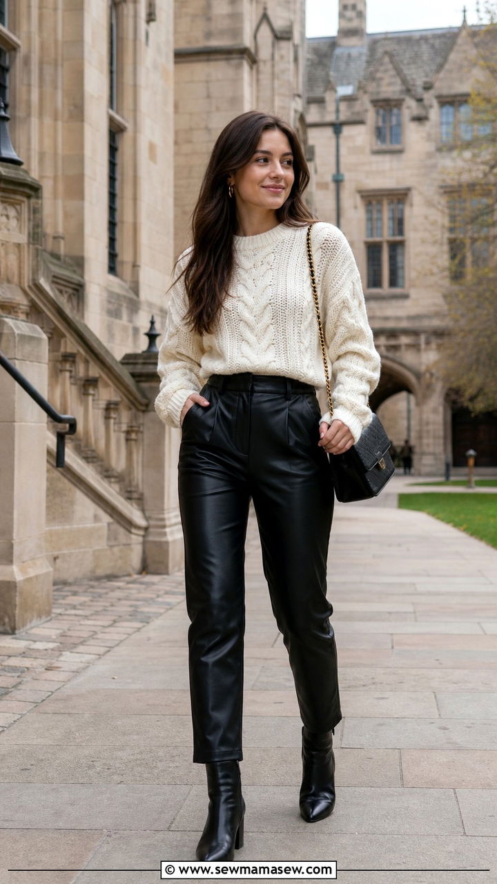 Chunky Knit Sweater and Faux Leather Pants Outfit - 35 Back to school outfit ideas college freshman