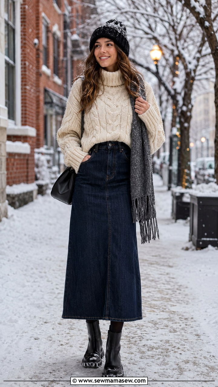 Chunky Knit Sweater and Lug Sole Boots With a Denim Maxi Skirt - 30 denim maxi skirt outfit ideas