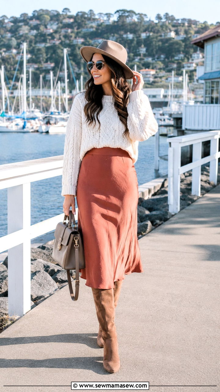 Chunky Knit Sweater and Midi Skirt Brunch Outfit - 30 Brunch outfit ideas Bay Area