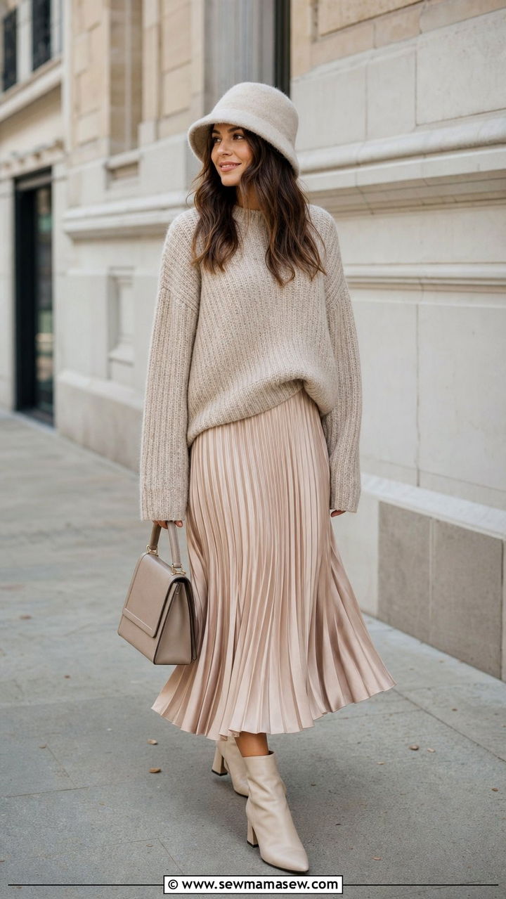 Chunky Knit Sweater and Midi Skirt - 35 Bucket hat outfit ideas