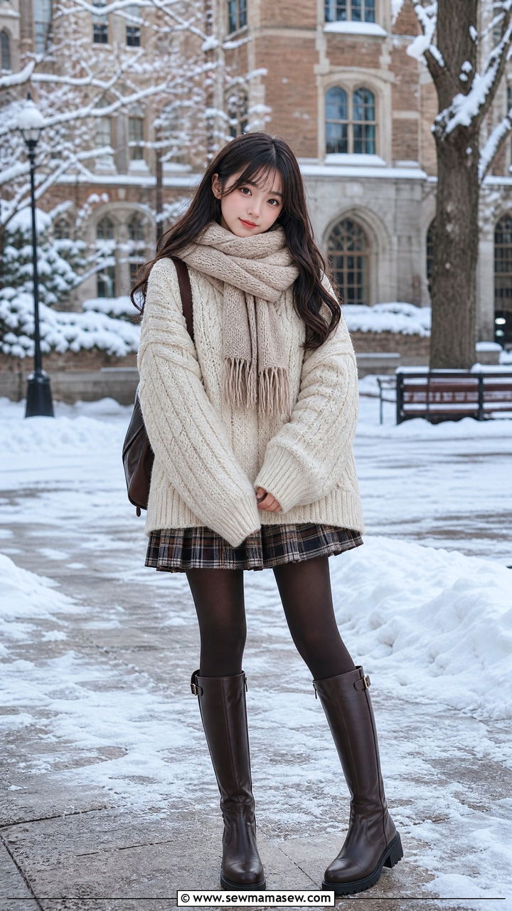 Chunky Knit Sweater and Plaid Skirt - 25 School uniform outfit ideas cute