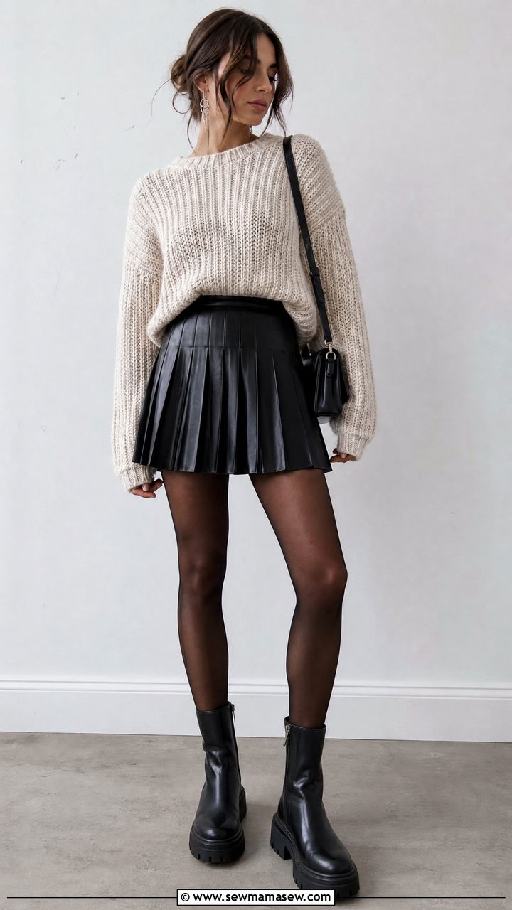 Chunky Knit Sweater and Pleated Leather Mini Skirt - 25 classy grunge outfits