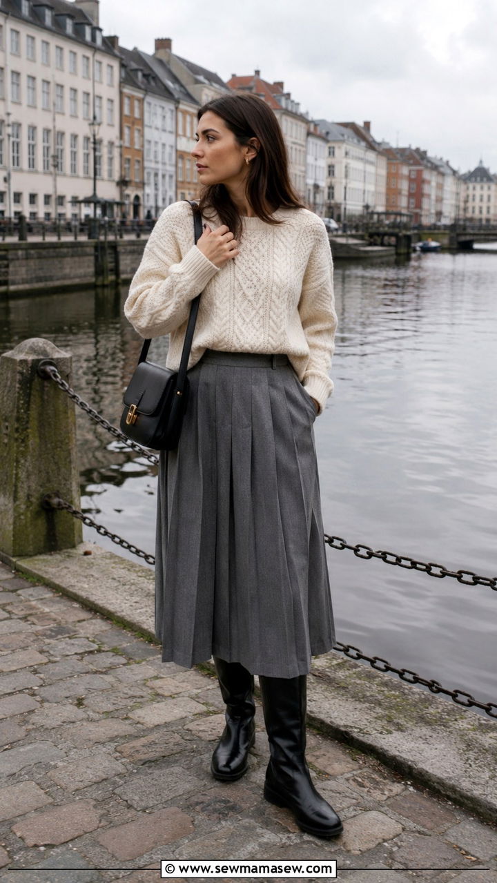 Chunky Knit Sweater and Pleated Midi Skirt - 20 Spring Europe packing outfits