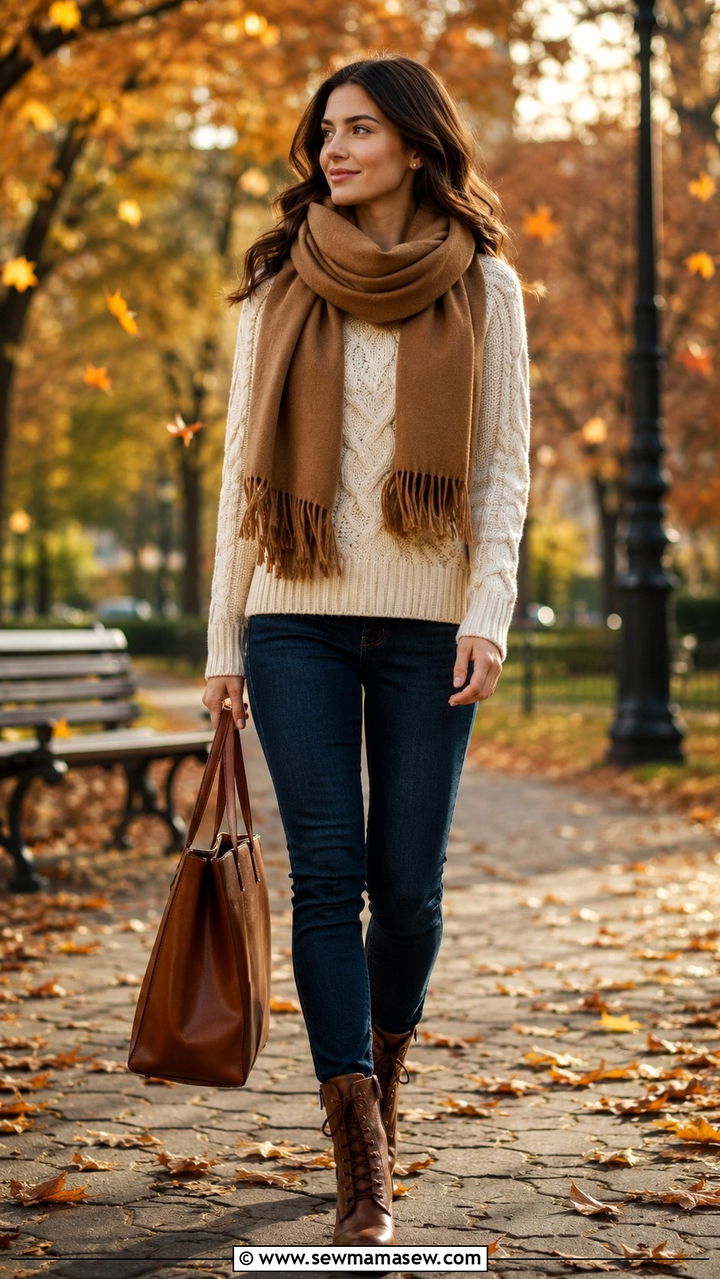 Chunky Knit Sweater and Scarf with Jeans - 25 Old money outfit ideas with jeans