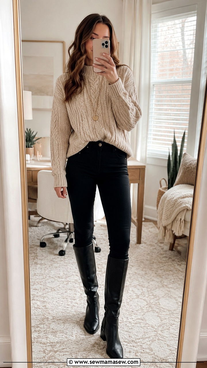 Chunky Knit Sweater and Skinny Jeans - 30 Office outfits with jeans