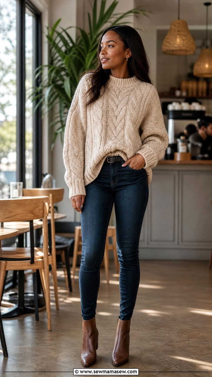 Chunky Knit Sweater and Slim Jeans Outfit - 25 Nairobi outfit ideas