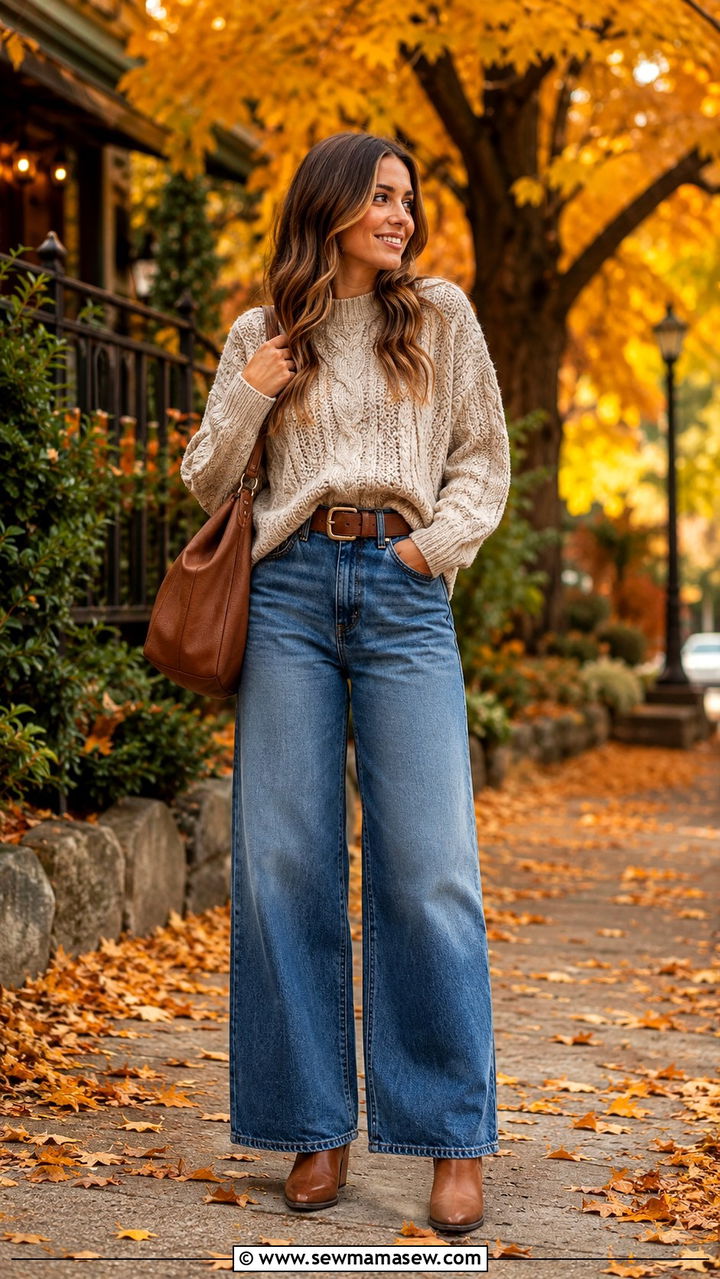 Chunky Knit Sweater and Wide Leg Jeans Outfit - 30 cute wide leg pants outfits