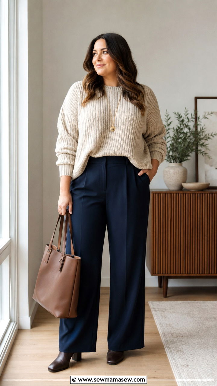 Chunky Knit Sweater and Wide Leg Pants - 30 Plus size outfit ideas with wide leg pants