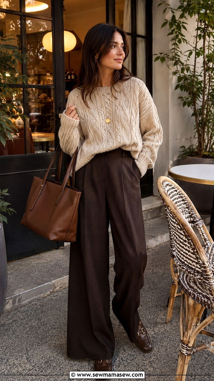 Chunky Knit Sweater and Wide Leg Pants With Gucci Loafers - 25 Old money outfit ideas with Gucci loafers