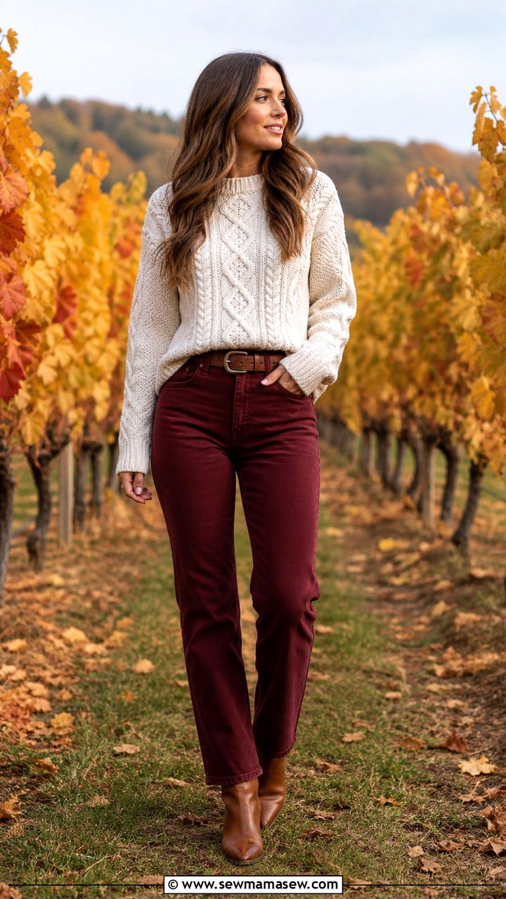 Chunky Knit Sweater and Wine Colored Jeans - 40 All wine outfit ideas