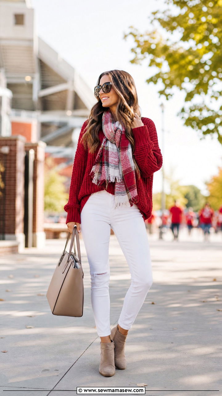 Chunky Knit Sweater in Team Color with White Denim and Ankle Booties - 25 Gameday outfit ideas NFL