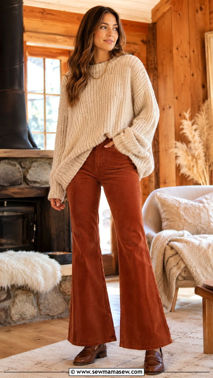 Chunky Knit Sweater with Corduroy Flared Pants and Loafers - 30 Boho capsule wardrobe