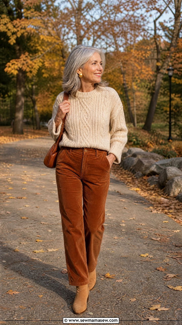 Chunky Knit Sweater with Corduroy Pants - 30 Elegant outfits for older women