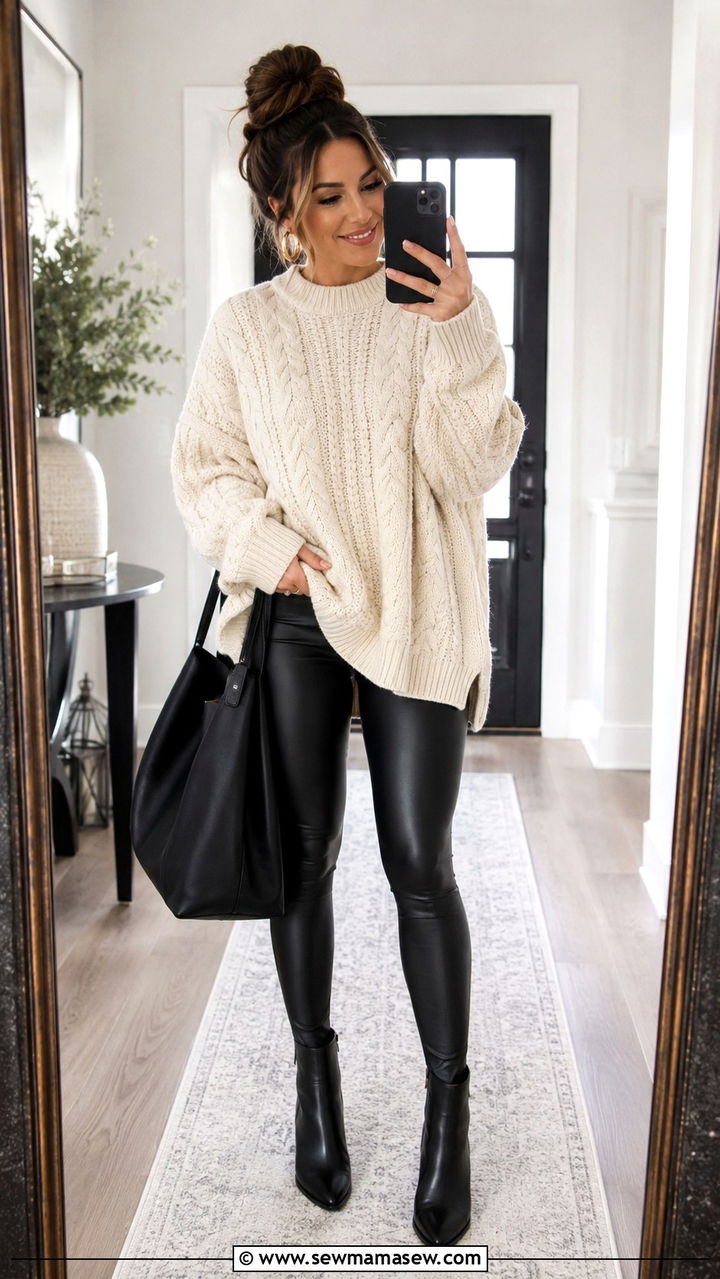 Chunky Knit Sweater with Faux Leather Leggings - 30 classy errands outfits