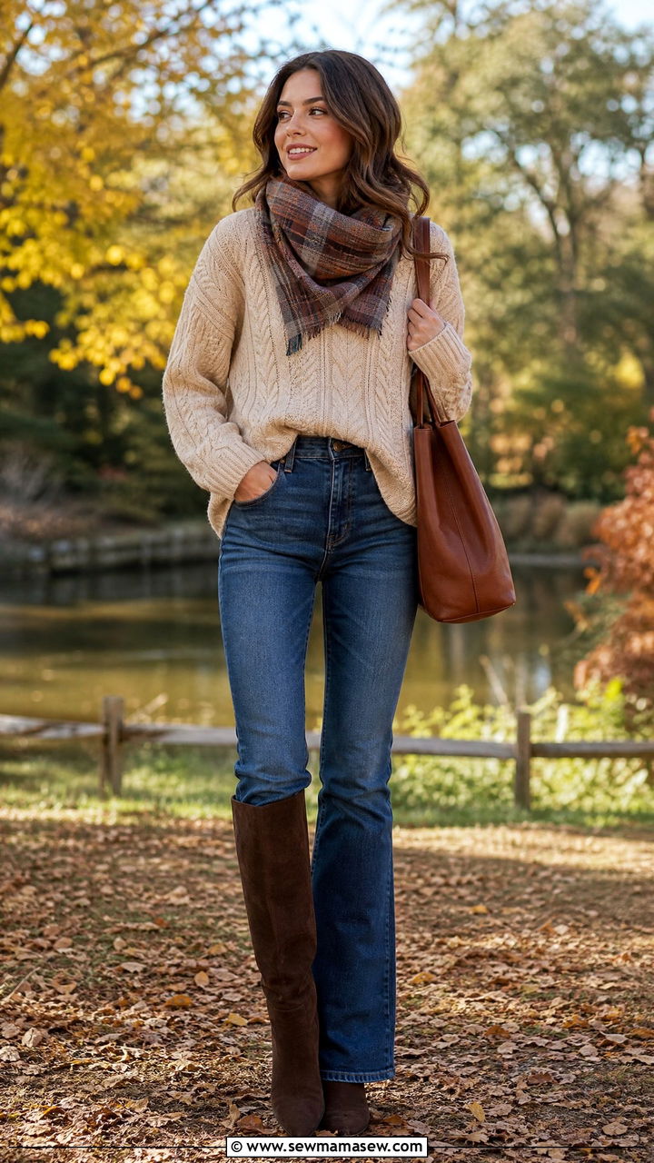 Chunky Knit Sweater with Flare Jeans and Knee High Boots - 30 Flare jeans outfit ideas with boots
