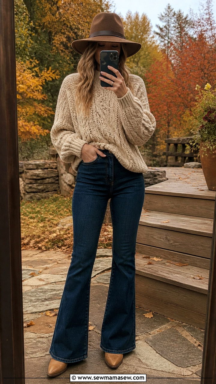 Chunky Knit Sweater with Flared Denim and Cowboy Boots - 40 Western outfit ideas