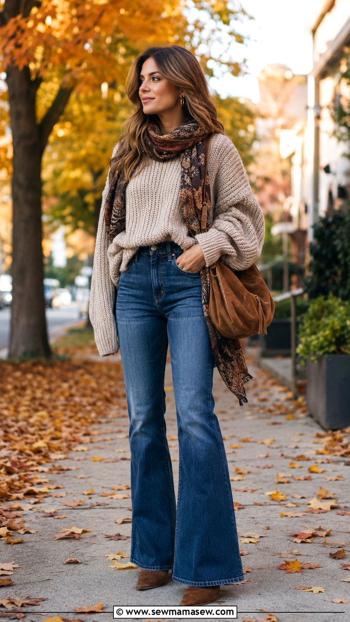 Chunky Knit Sweater with Flared Jeans - 30 classy boho chic outfits