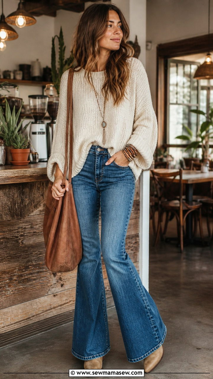 Chunky Knit Sweater with Flared Jeans - 40 Bohemian outfit ideas