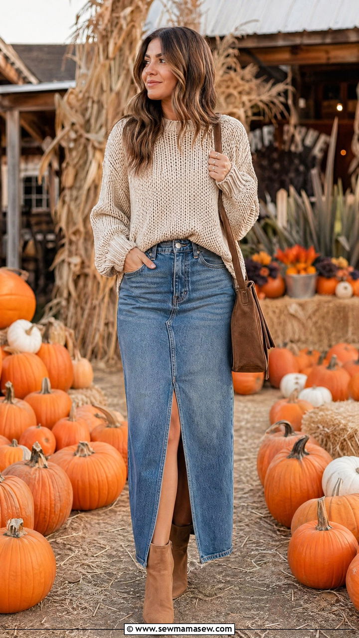 Chunky Knit Sweater with Front Slit Denim Maxi Skirt - 35 denim skirt outfits inspo